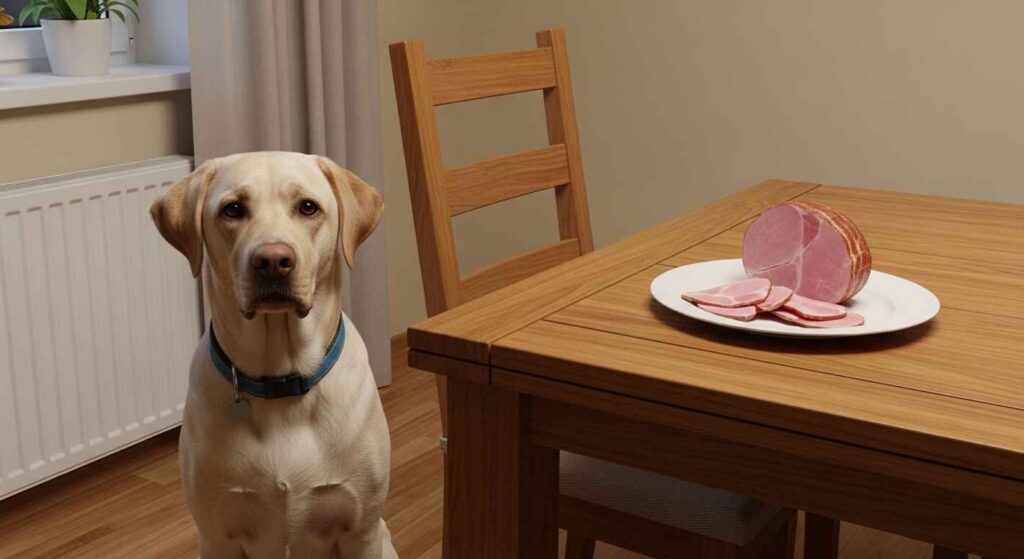 Dog sitting and looking at ham on table.