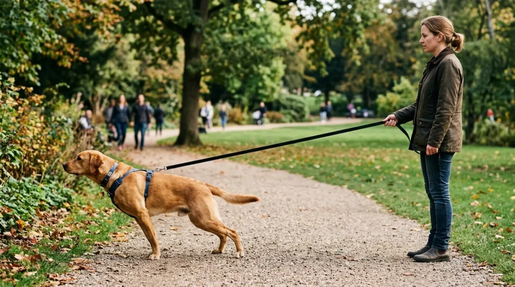 Dog pulling on leash during training with owner using stop technique to teach loose leash walking