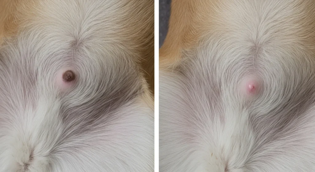 Side-by-side images of dog belly buttons, normal and with hernia.