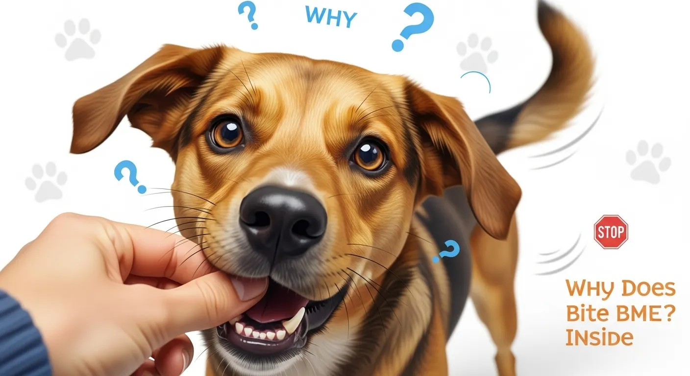 Dog gently biting hand with fixes for owners.