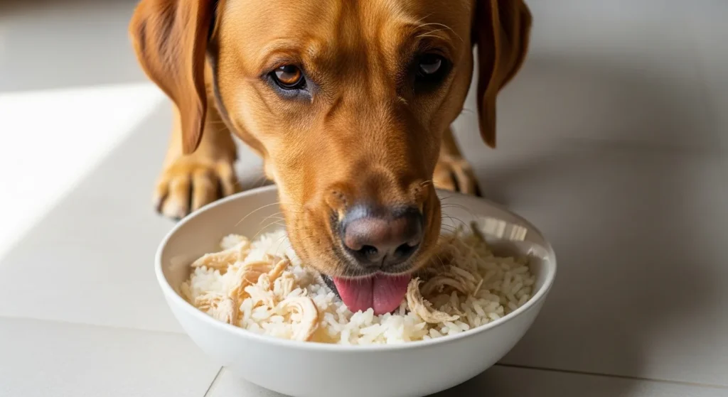 Golden retriever eating boiled chicken and rice for diarrhea recovery.