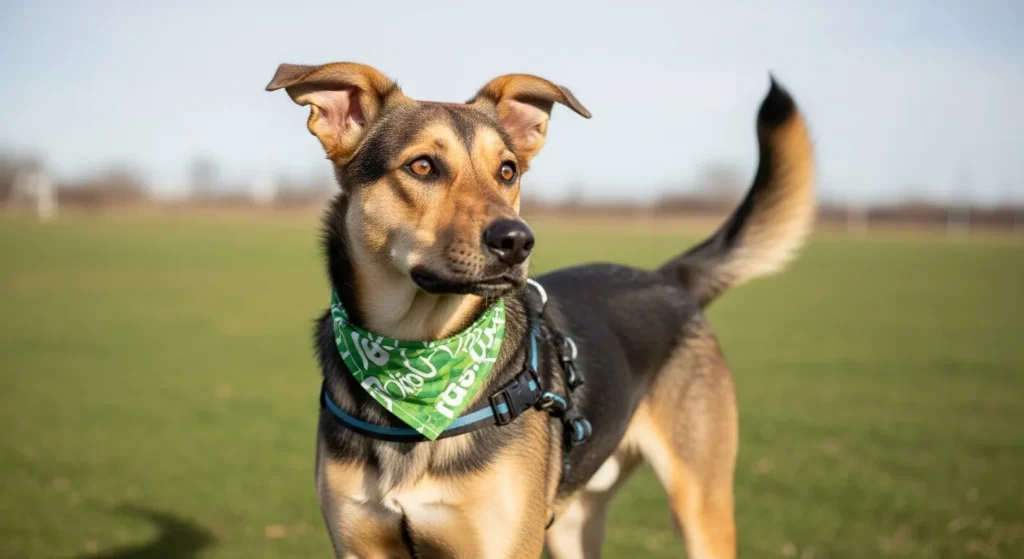 A dog with perked ears and a wagging tail, showing alertness.