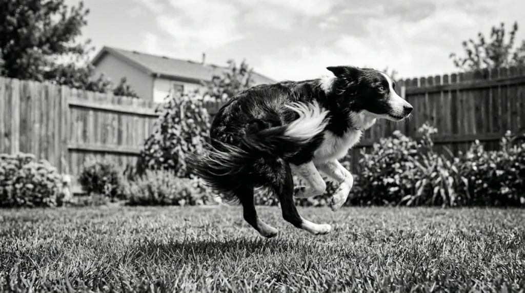 A border collie spinning in circles in a backyard, showing signs of boredom and excess energy