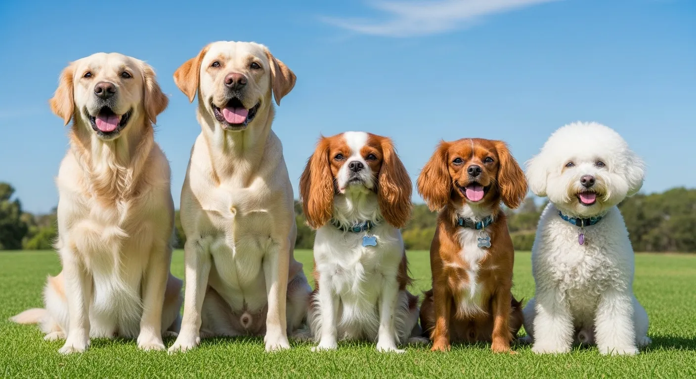 Group of five dog breeds for first-time pet owners.