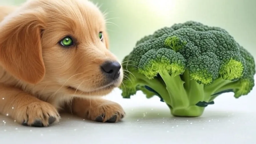 Cute puppy with broccoli for dog food guide.