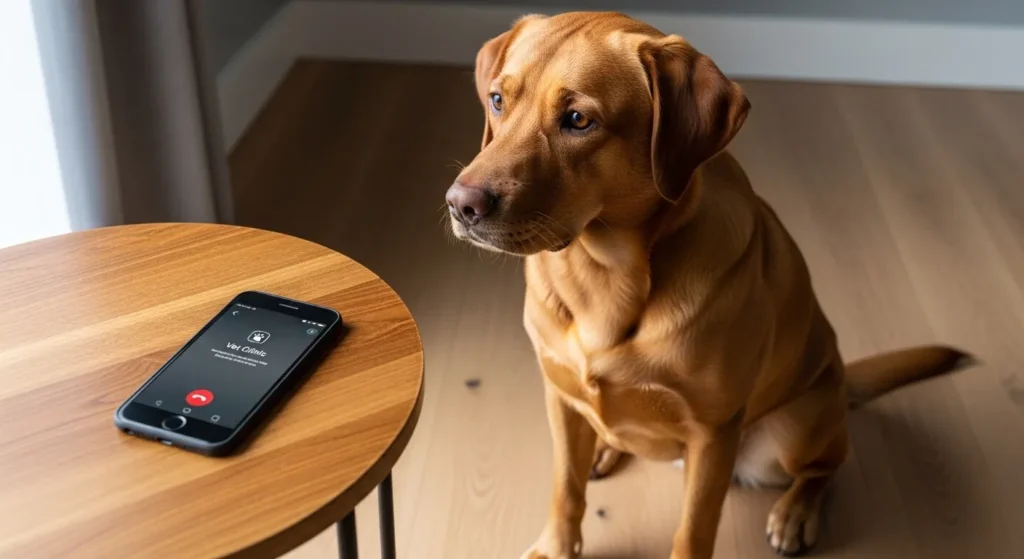 Dog near phone calling veterinarian.