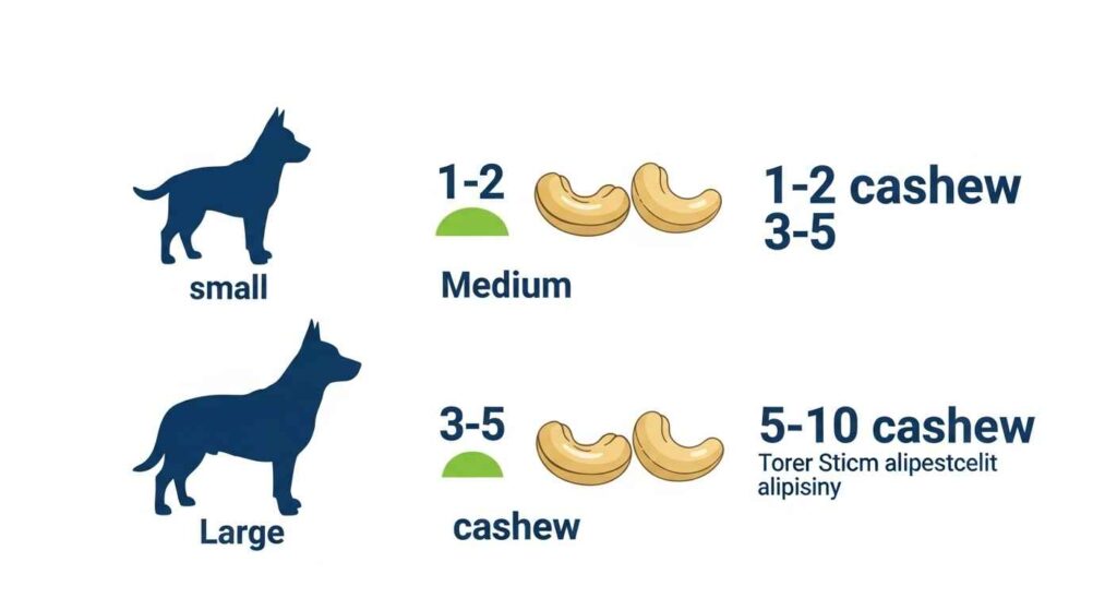 Infographic showing cashew portions for small, medium, and large dogs.