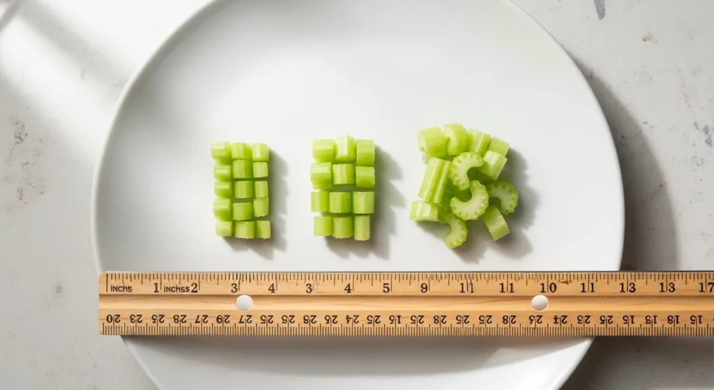 Celery cut into different portion sizes on a white plate to show correct serving amounts for dogs of different sizes 