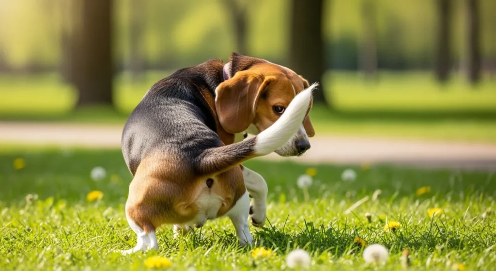 Dog chasing tail from skin irritation.