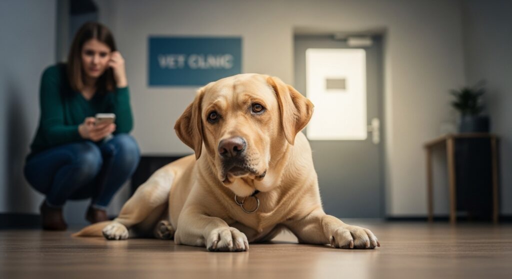Dog with stomach pain needing vet attention after bad chew.