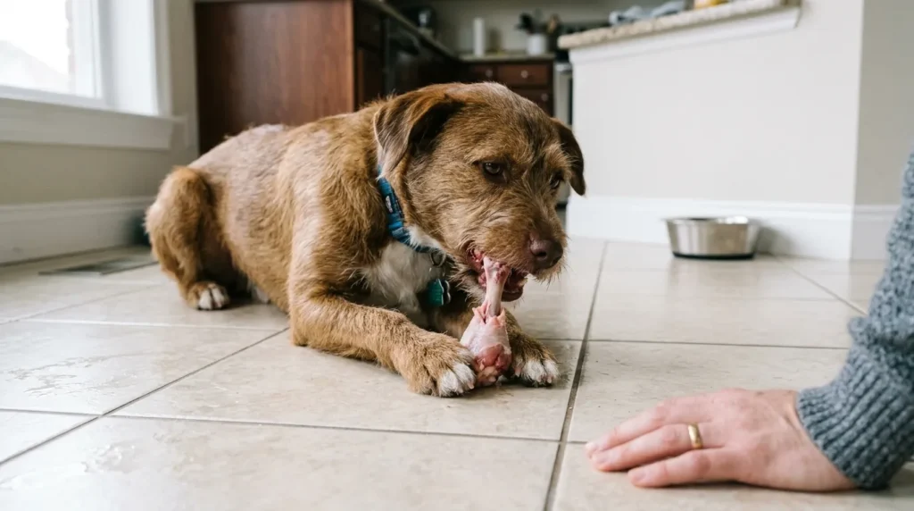 Dog chewing a raw chicken bone safely on a tile floor