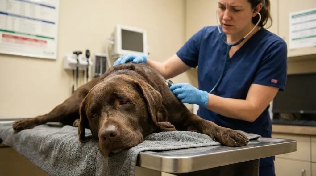 Sick dog being examined by veterinarian showing symptoms of chocolate poisoning