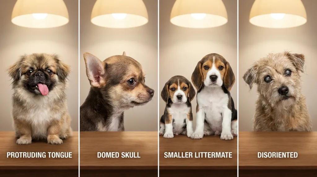 Four dogs showing different physical signs of developmental conditions that mimic Down syndrome