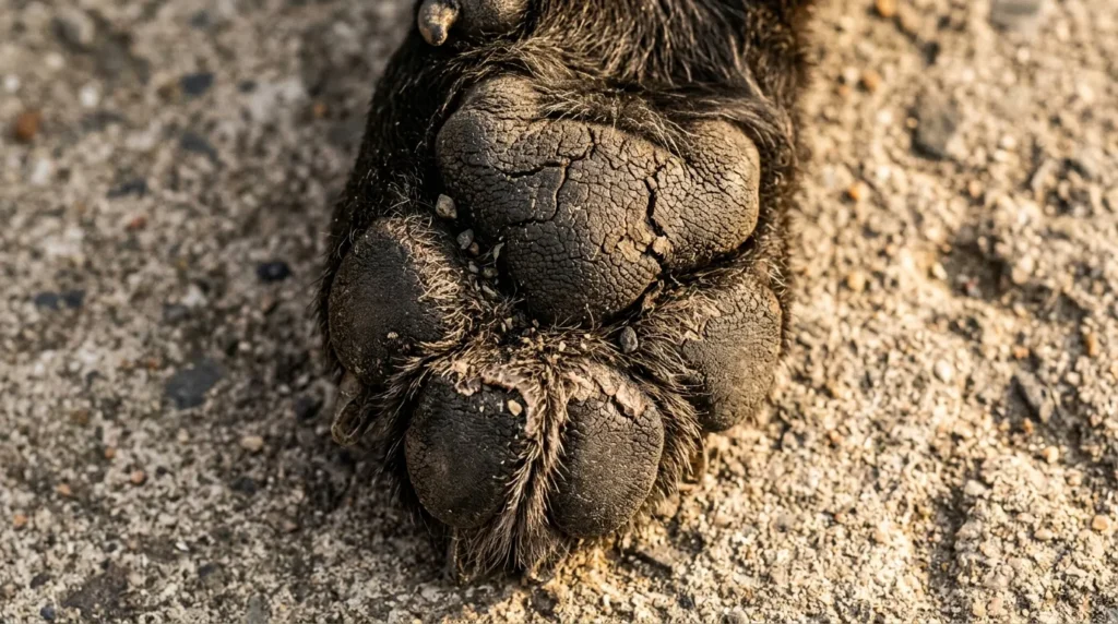 Close-up of a dog's cracked and dry paw pad on a concrete surface