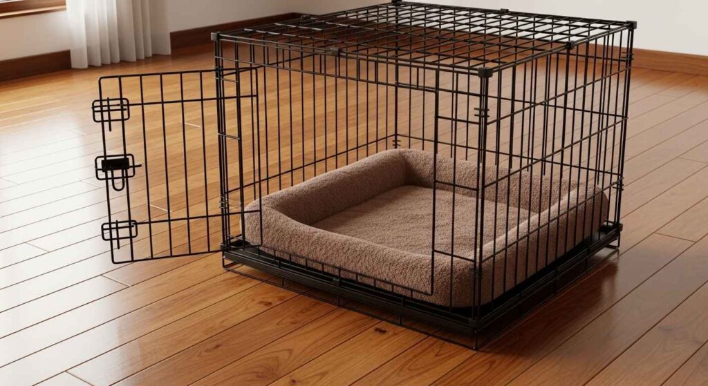 Dog crate with soft bedding.
