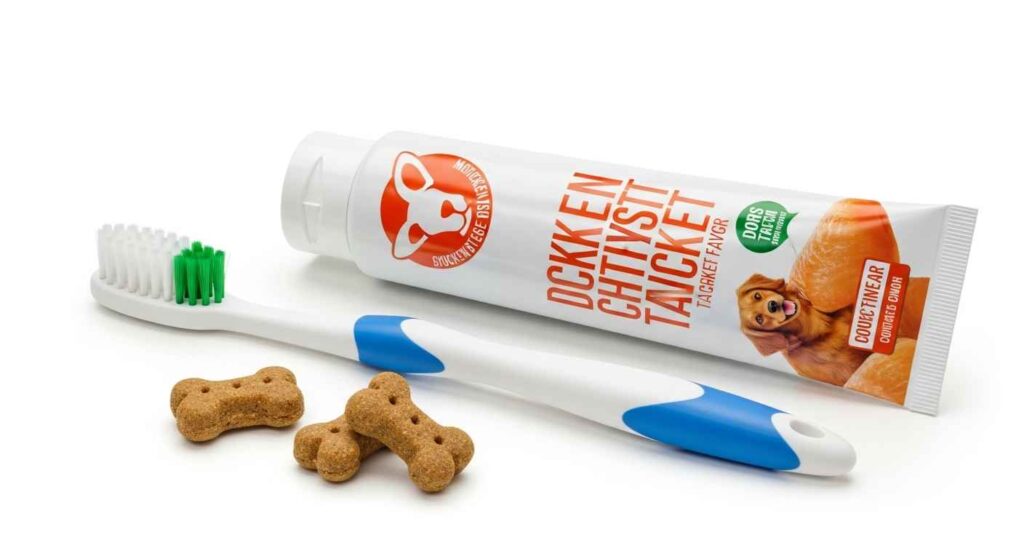 Dog toothpaste, toothbrush, and treats laid out