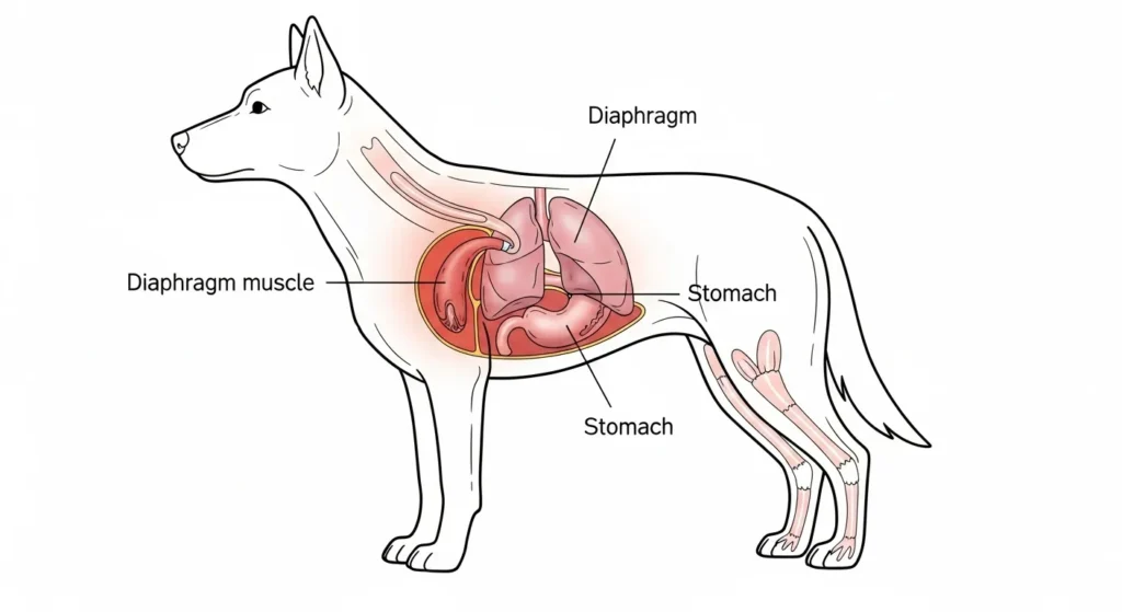 Dog anatomy diagram highlighting the diaphragm muscle location