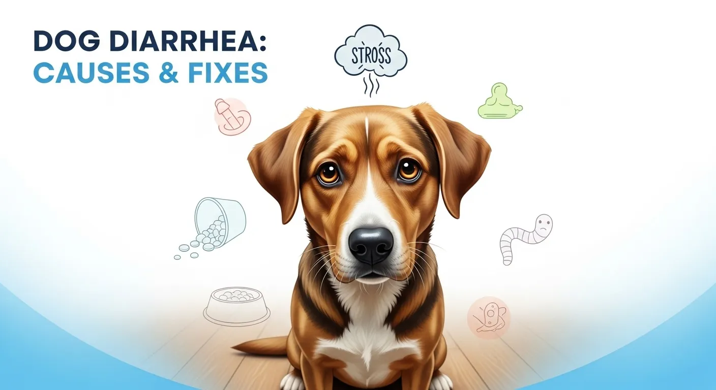 Thumbnail of sad dog illustrating diarrhea causes and fixes for pet owners.