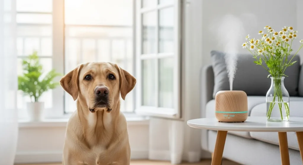 Labrador in living room with essential oil diffuser on side table