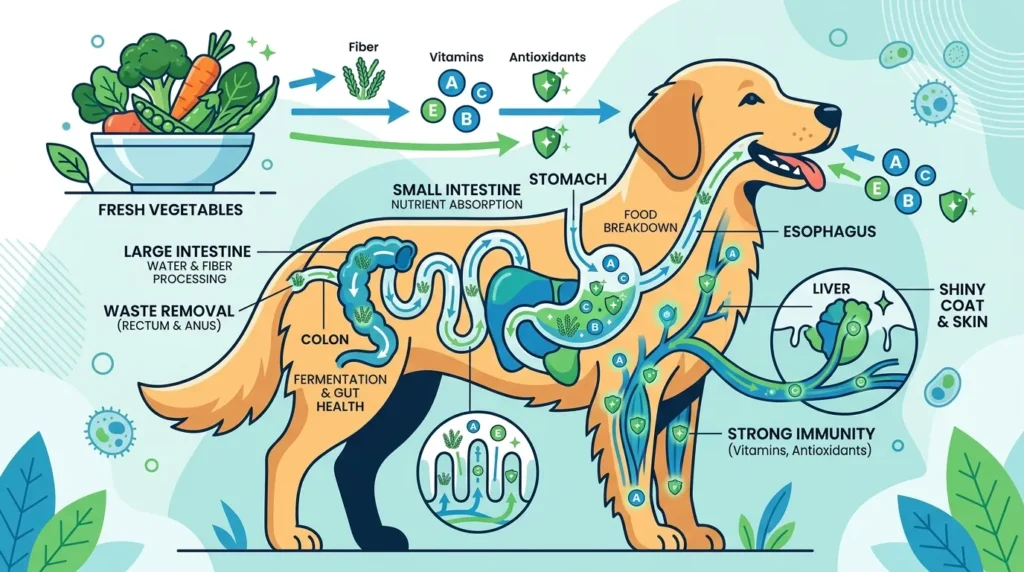Diagram showing how dogs digest vegetables and absorb nutrients like fiber and vitamins