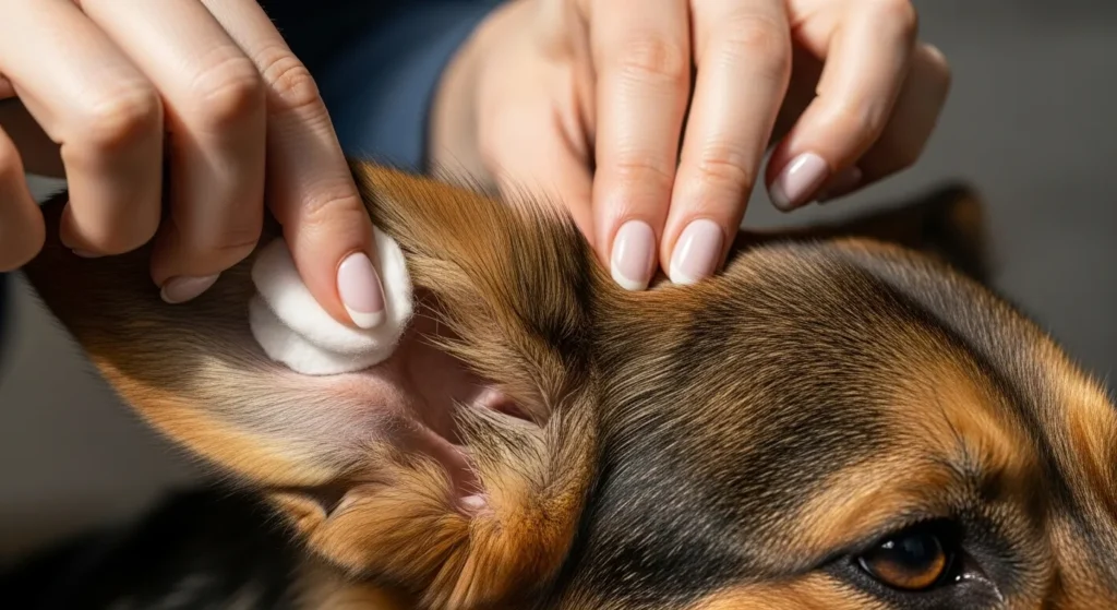 Person cleaning a dog’s ear with a cotton ball and ear cleaning solution.