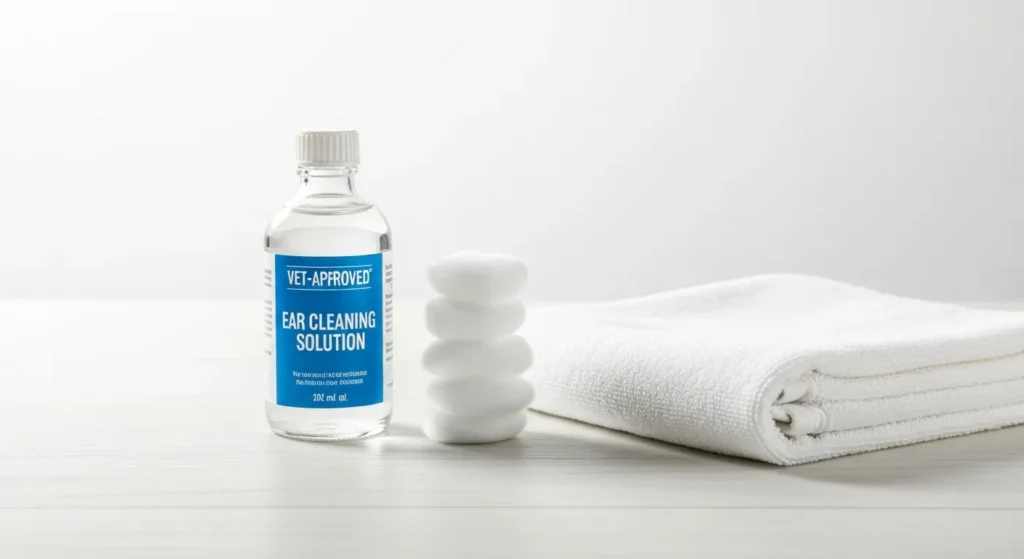 Cotton balls, ear cleaning solution, and a towel on a table for dog ear cleaning.