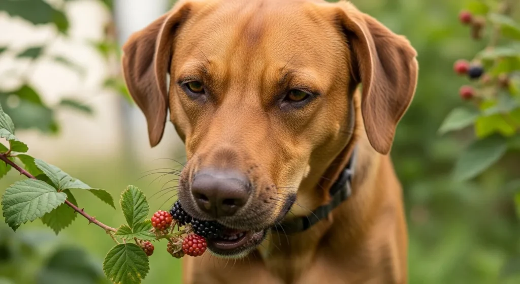Dog near blackberry bush.