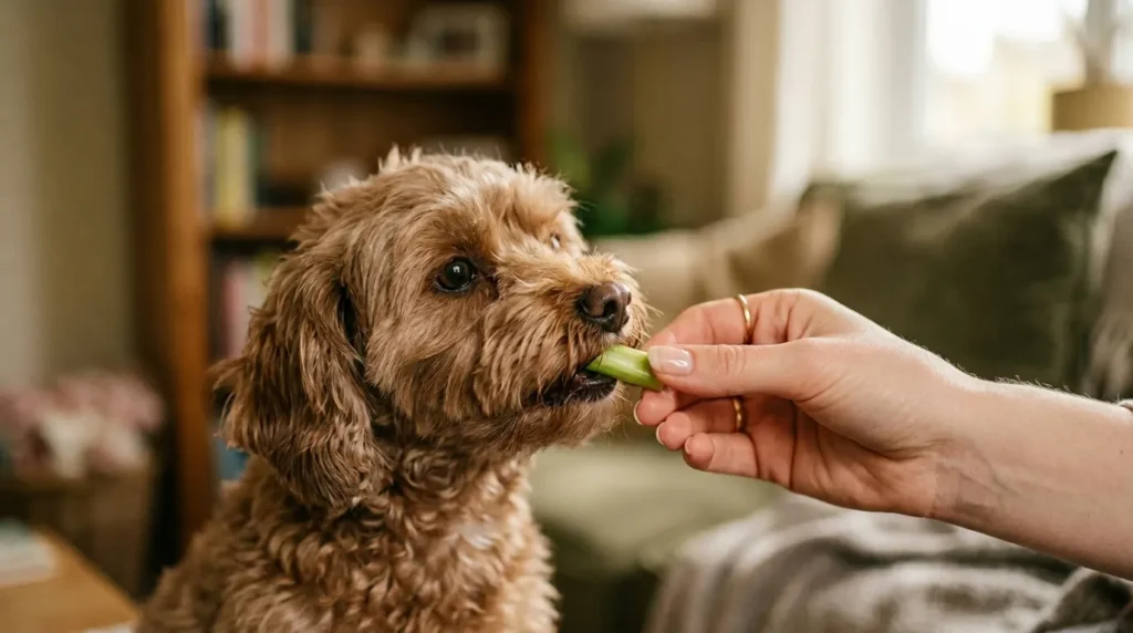 Small brown dog eating a piece of celery from a person's hand indoors