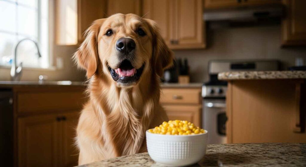 Golden retriever eating corn kernels from a bowl