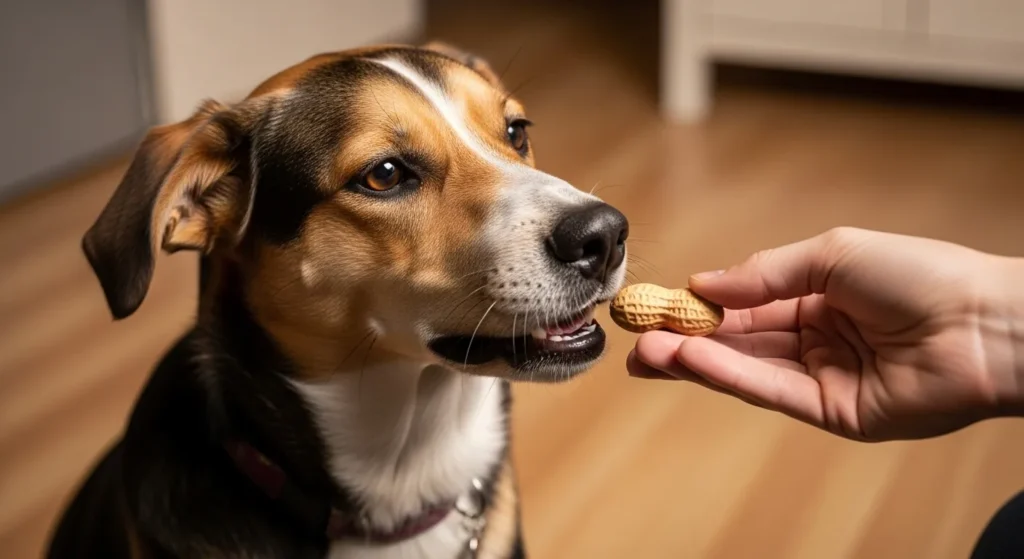 Dog receiving shelled peanut.