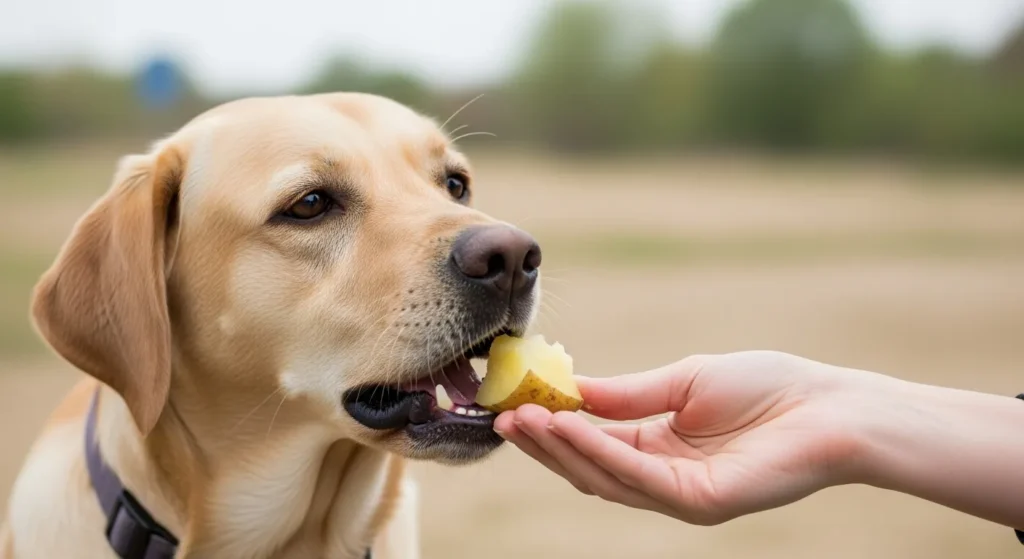 Dog munching on plain cooked potato