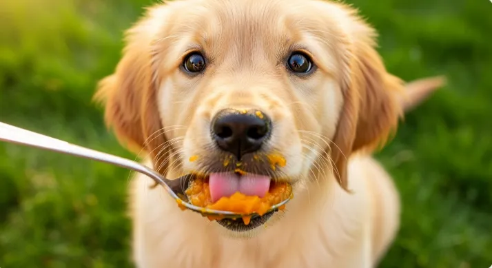 Golden retriever puppy licking pumpkin puree from a spoon.