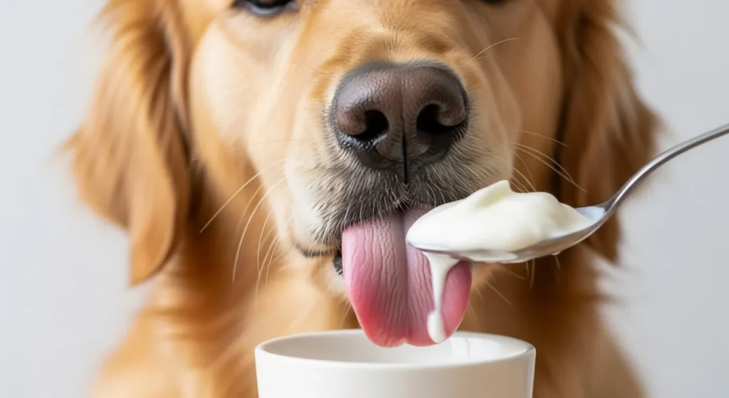 Happy dog licking plain yogurt from a spoon.