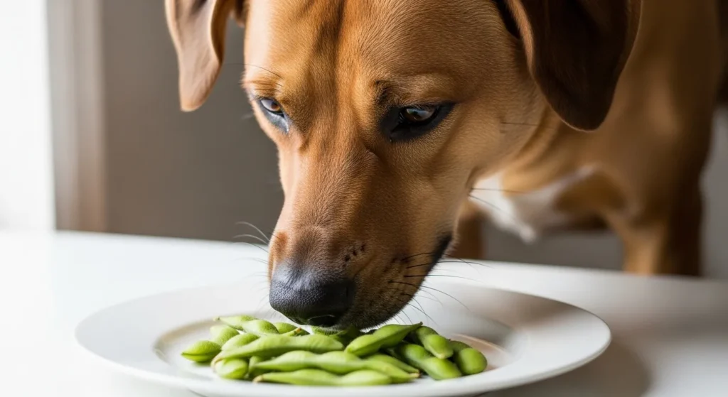 Dog near plain edamame beans.