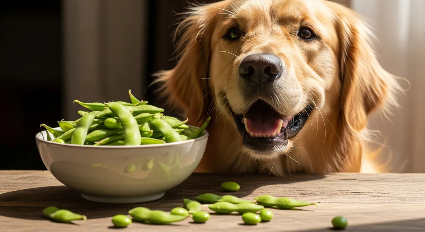 Dog next to edamame beans