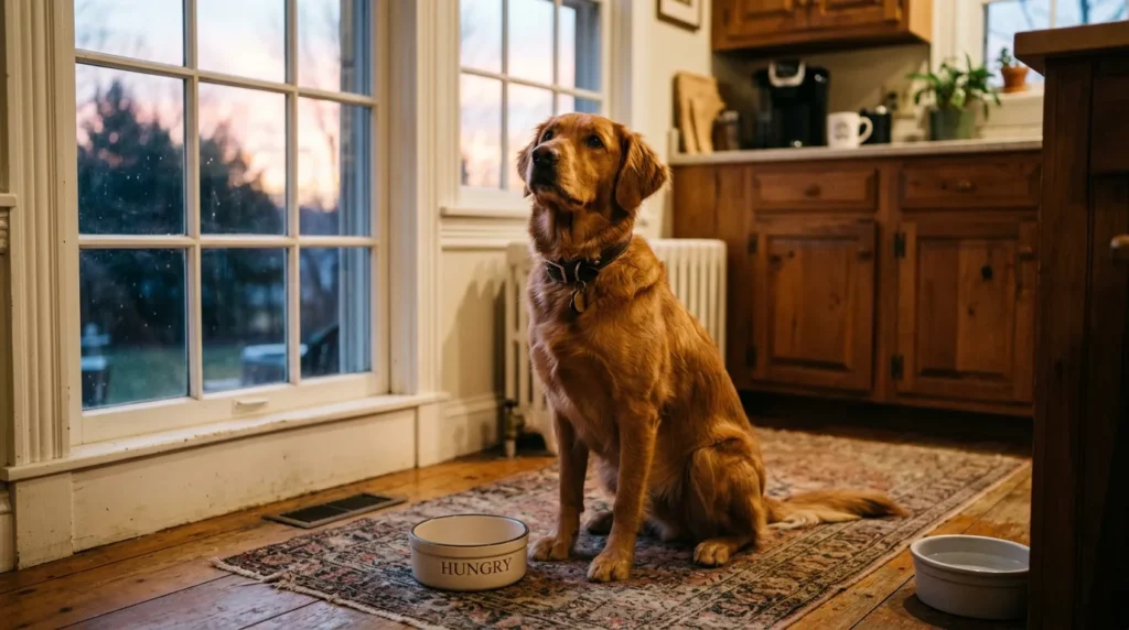 Dog sitting next to an empty bowl in the morning, illustrating bilious vomiting syndrome