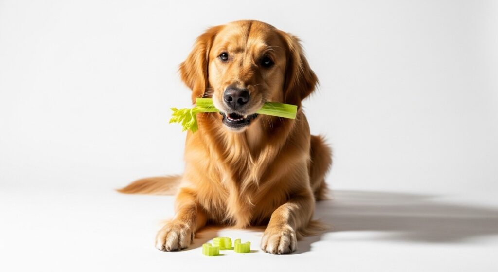 Dog eating chopped celery as a healthy snack.