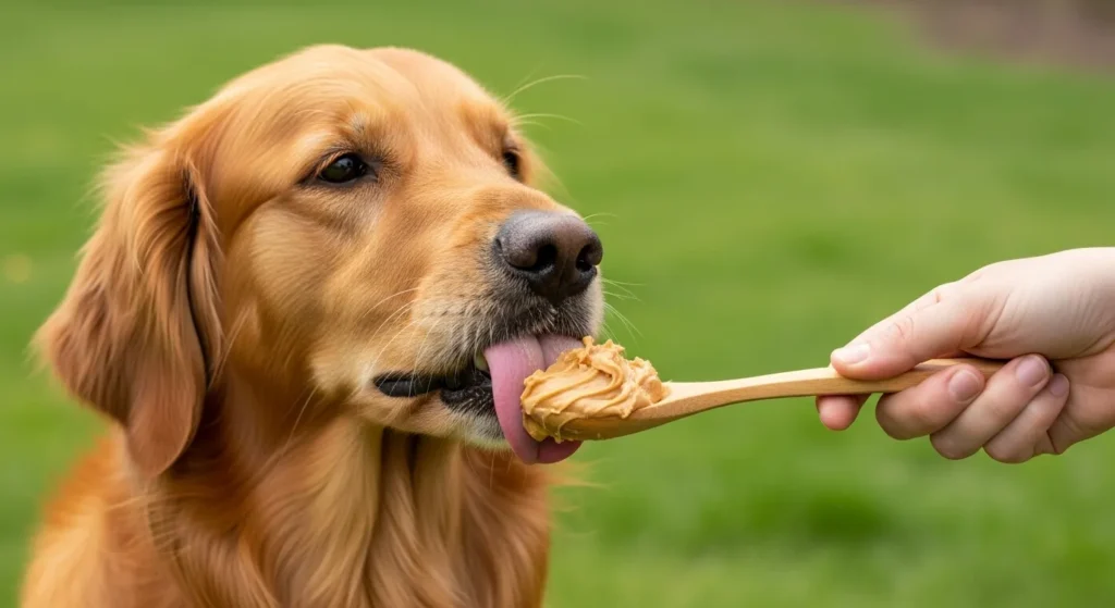 Dog licking peanut butter from spoon