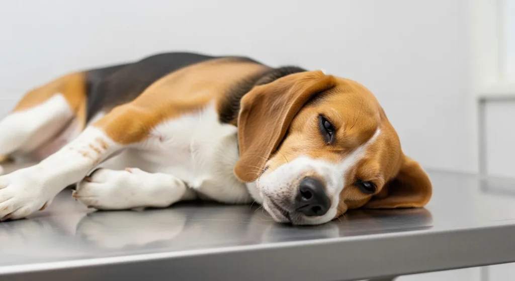 Lethargic beagle lying on a vet examination table showing signs of illness