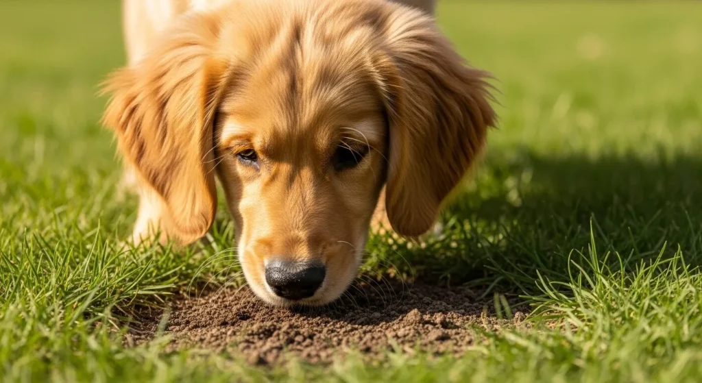 Dog examining dirt in yard