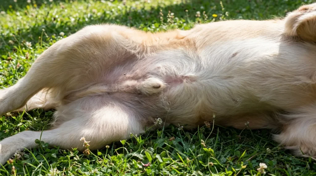 Dog lying on its back showing exposed belly and inner thigh skin, the areas most at risk from poison ivy