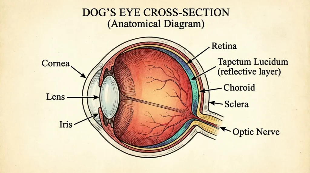Diagram of dog eye anatomy showing the tapetum lucidum behind the retina