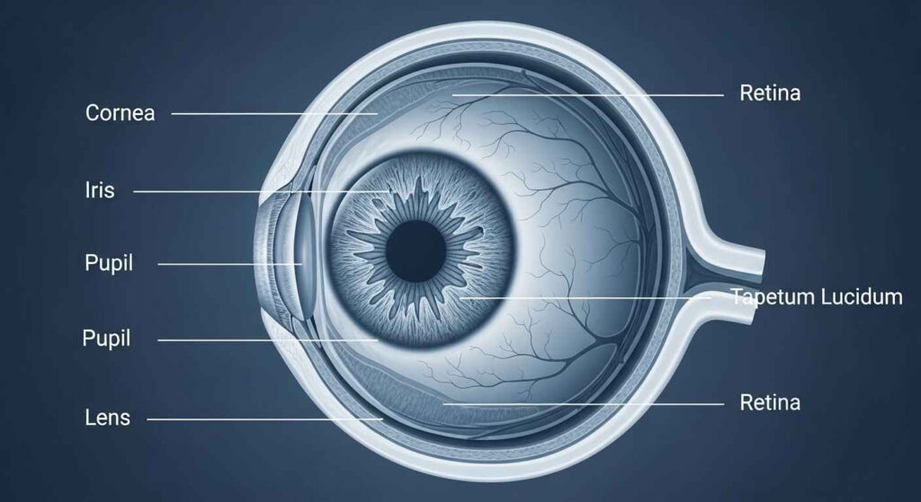 Diagram showing dog eye parts like cornea, pupil, and tapetum.