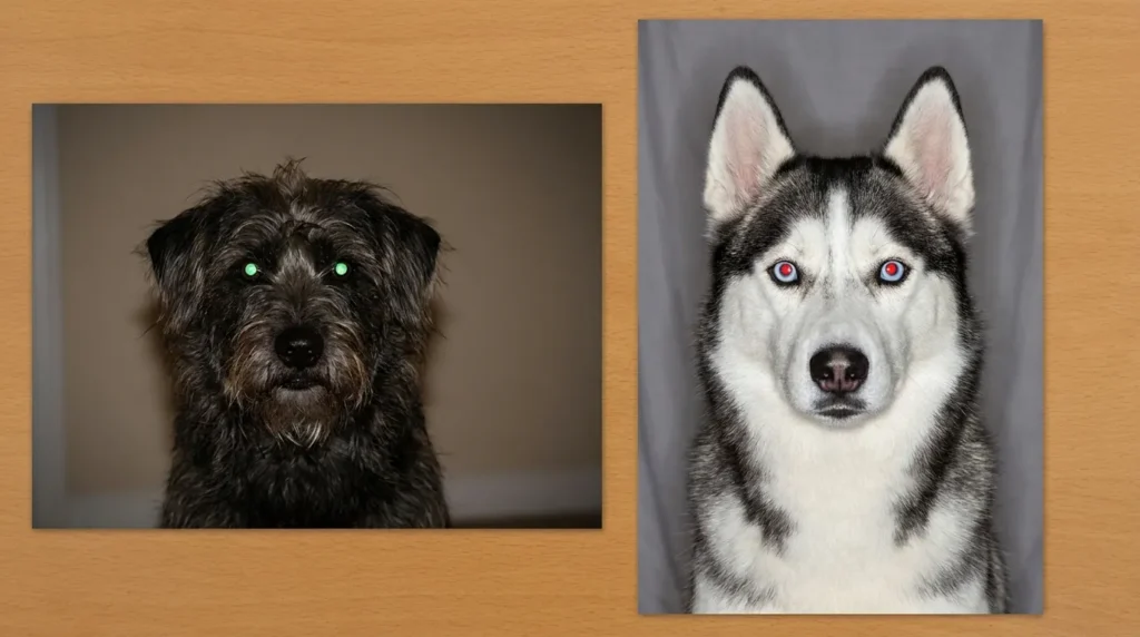 Comparison of dog eye glow in the dark — green tapetum reflection vs red-eye in blue-eyed dog