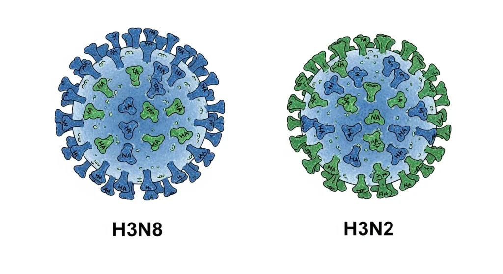 Scientific illustration showing canine influenza virus strains