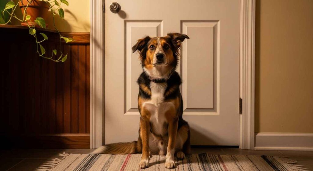 Dog sitting by bathroom door