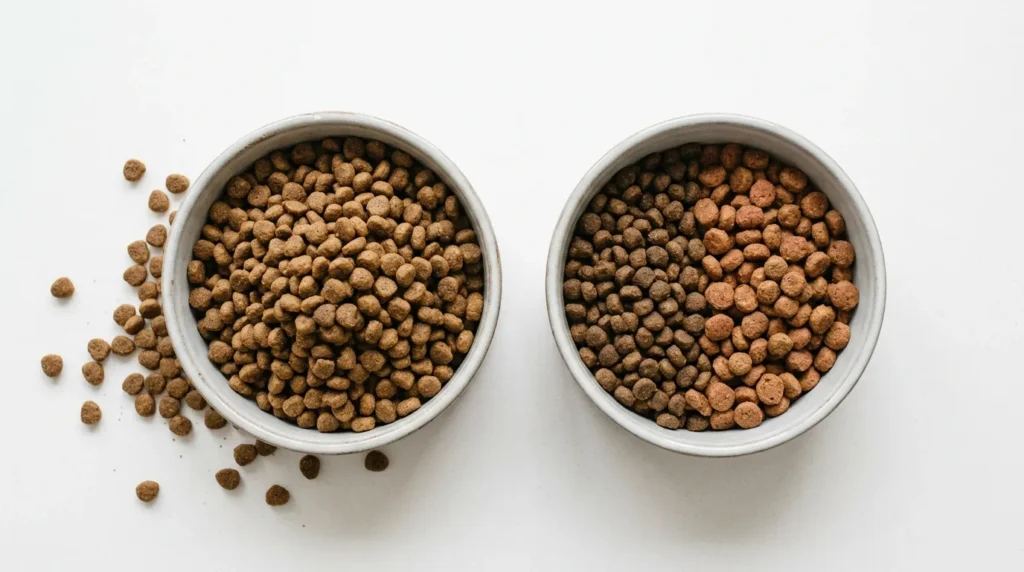 Dog food bowl showing a gradual food transition to prevent vomiting