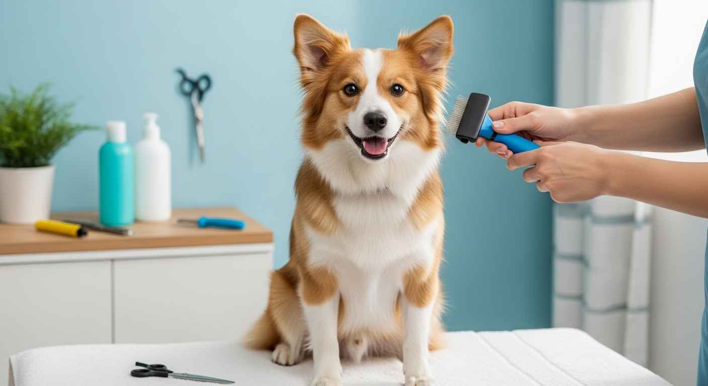 Happy dog being groomed at home with brush and tools