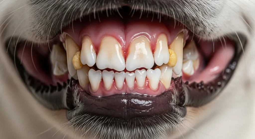 Dog teeth showing early signs of gum disease including red gums and tartar buildup