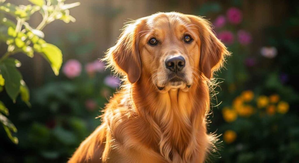 Happy golden retriever with glossy, healthy coat sitting outdoors